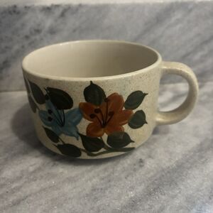 Hand Painted Stoneware Soup Mug Bowl Floral MCM Retro 70s Speckled Replacement